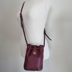 TORY BURCH Burgundy Red Leather Mini Drawstring Bucket Crossbody Bag